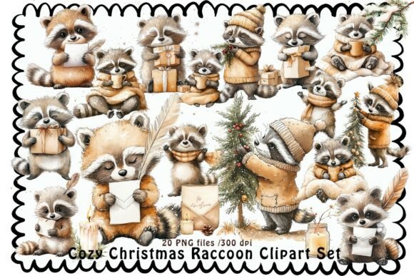 Cozy Christmas Raccoon Clipart Set