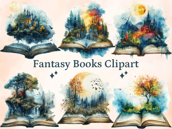 Watercolor Fantasy Books Clipart