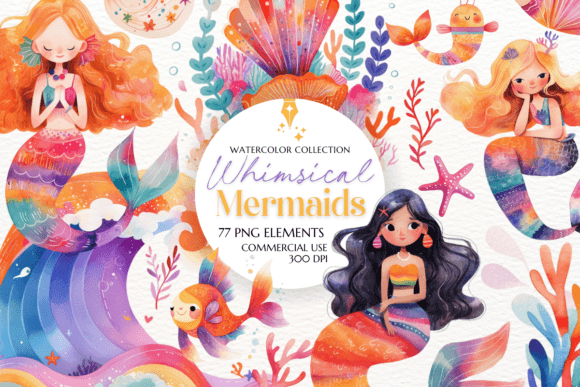 Whimsical Mermaids Clipart Sublimation